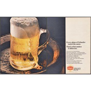 1967 Shaefer Beer 2 Page Vintage Print Ad Frosty Mug Oak Barrel Head Wall Art